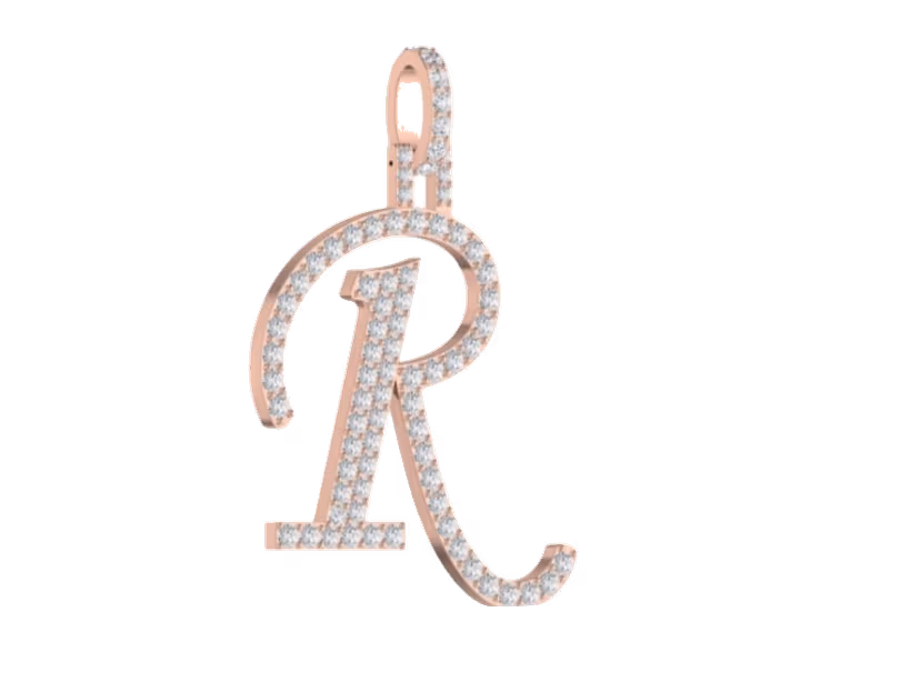 Cursive script R pavé pendant in rose gold with pavé bail loop.