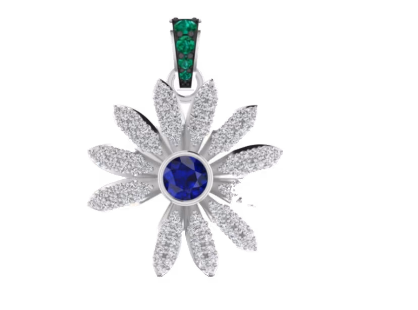 Daisy-flower pendant with central blue sapphire and emerald-set bail.