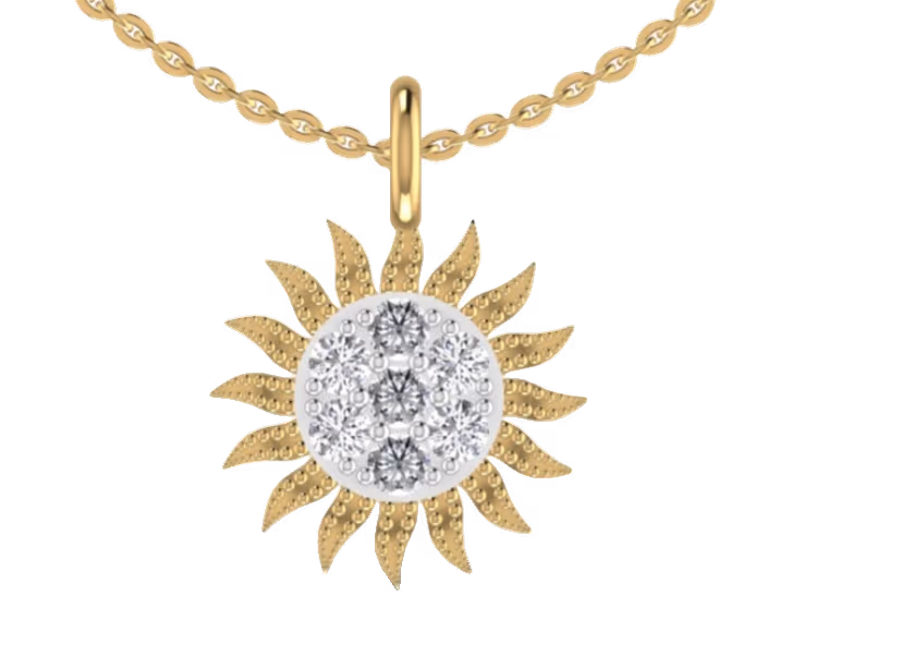 Sun-radiance pendant with ribbed gold flame rays around a central pavé cluster.