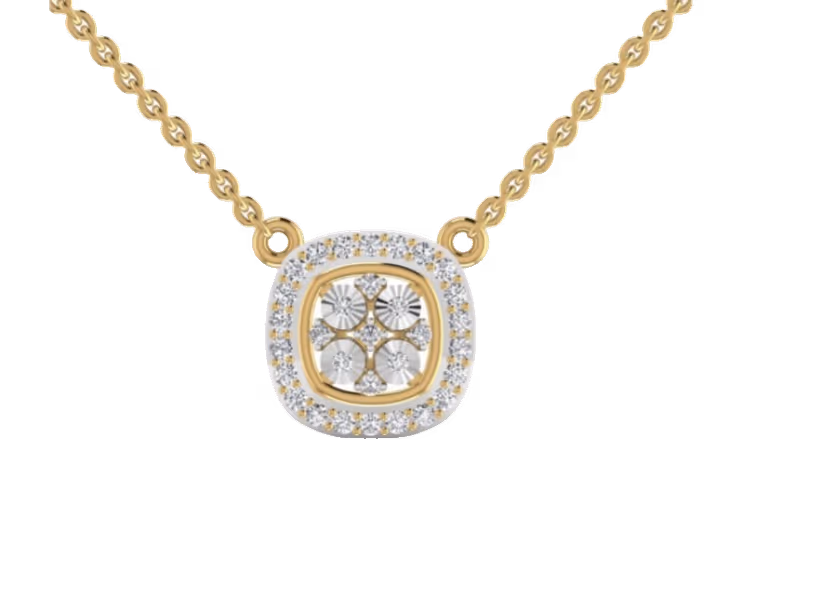 Cushion halo pendant with diamond cluster centre and pavé border.
