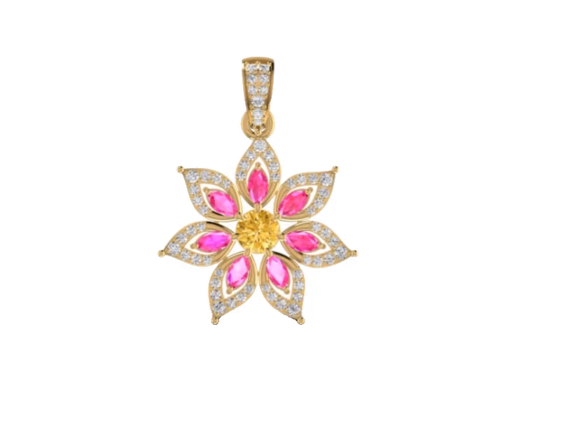 Pink ruby and diamond floral pendant with central yellow citrine accent.