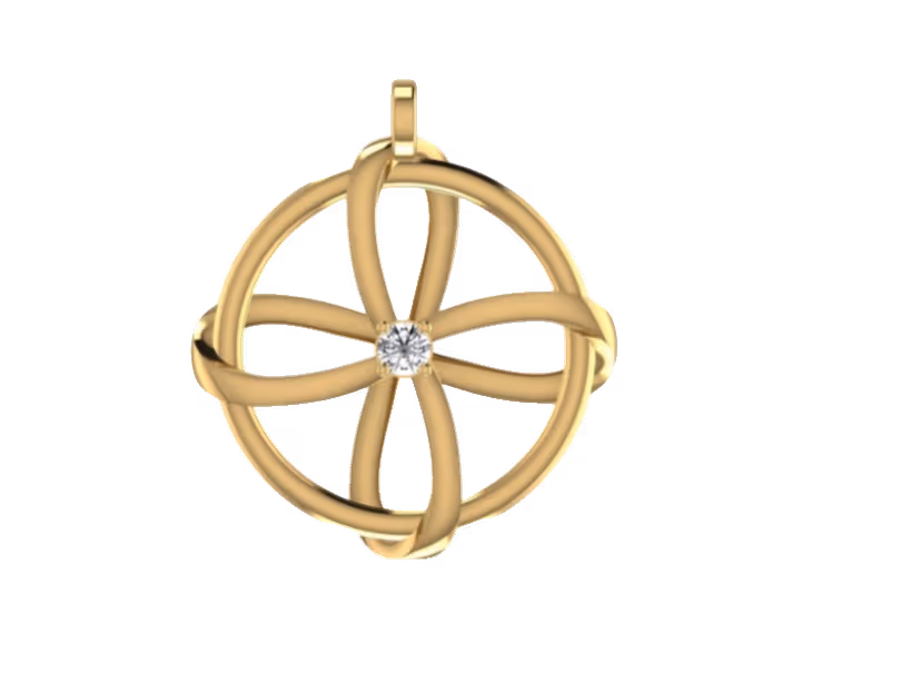 Open circle ribbon-knot pendant with single bezel-set diamond at the centre.