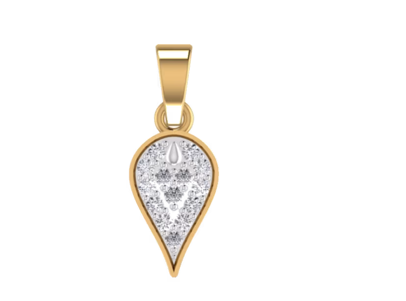 Inverted teardrop pendant with two-tone pavé infill and droplet accent.