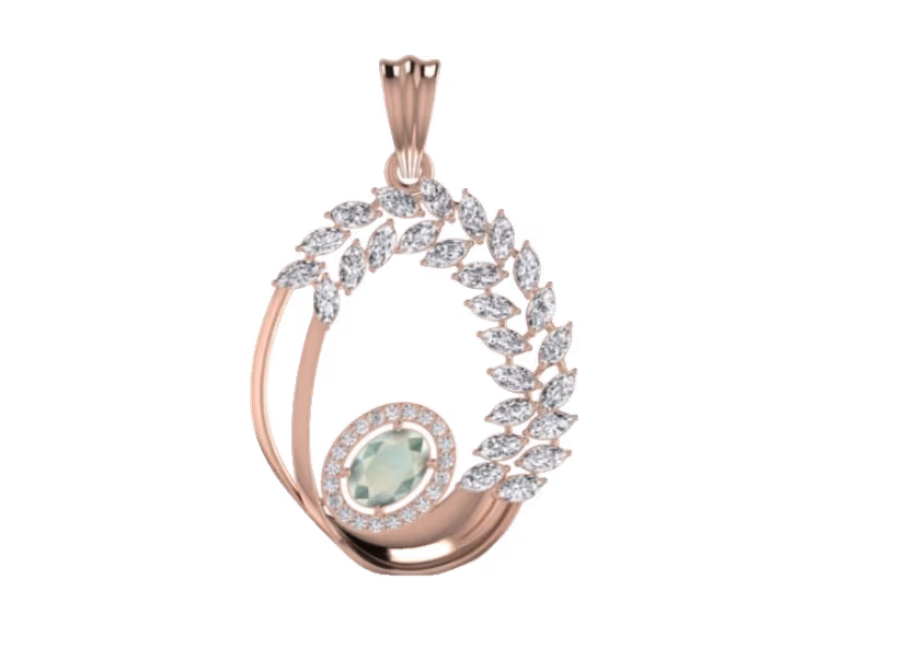 Rose-gold open-circle wreath pendant with marquise leaves and oval green amethyst halo.