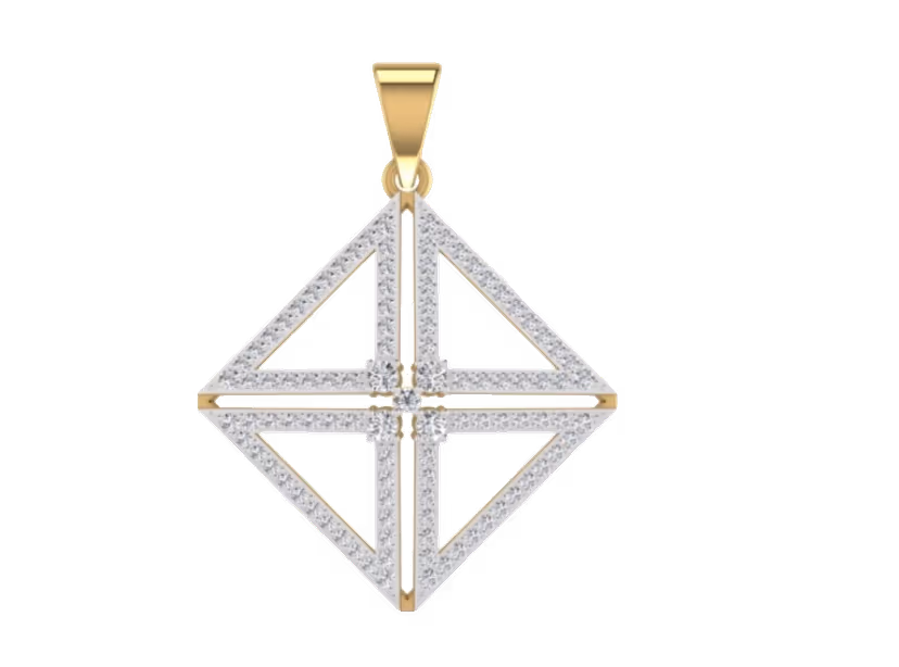 Tilted square geometric pendant with pavé borders and a central diamond.