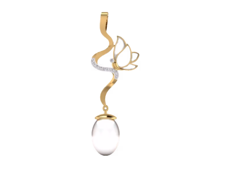Lotus and pearl drop pendant with diamond curl and white enamel petals.