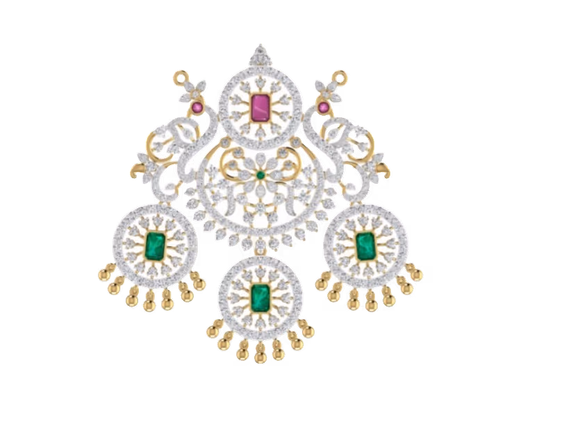 Bridal nakshatra pendant with emerald and ruby cabochons in a scrollwork frame.
