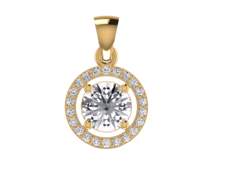 Round halo solitaire pendant with offset side bail.