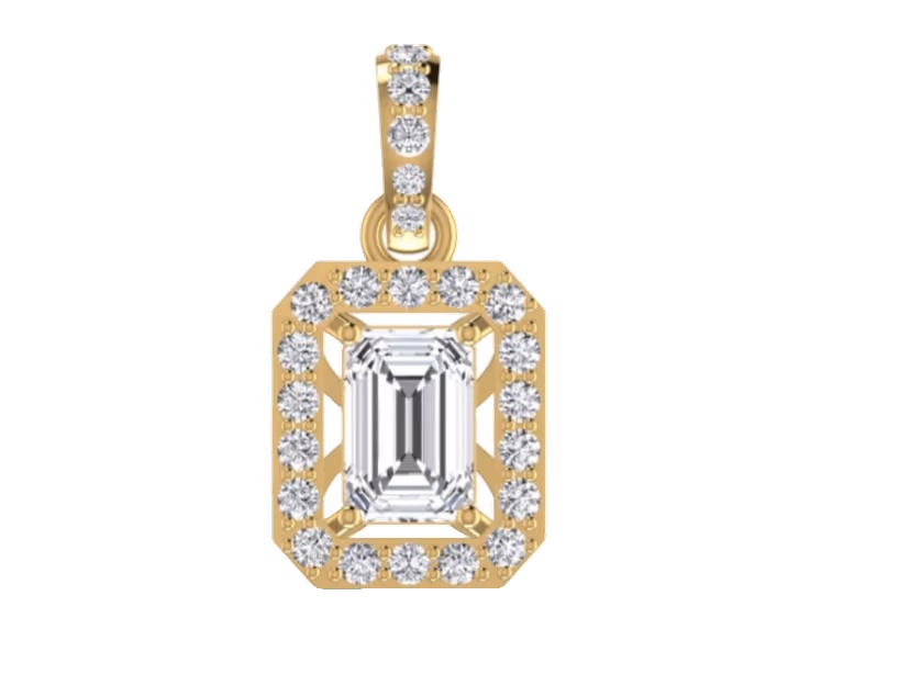 Emerald-cut centre diamond pendant with full pavé halo and matching pavé bail.