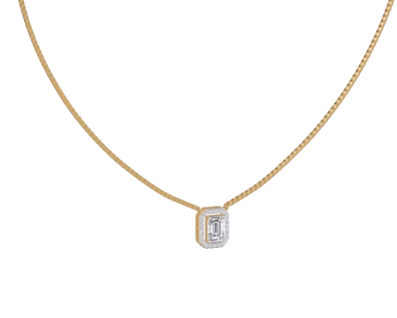Emerald-cut diamond pendant with pavé halo on a slim box chain.
