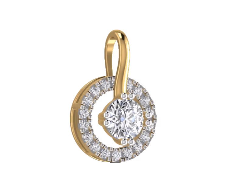 Round halo solitaire pendant with offset side curl bail.
