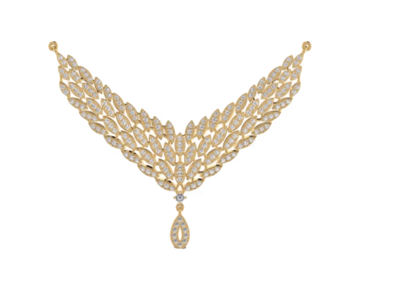 V-shape leaf-cluster pendant with central peacock motif and pear drop.