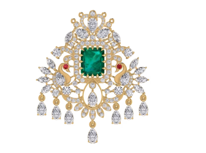 Bridal pendant with emerald square centre, peacock side motifs and pear-drop fringe.