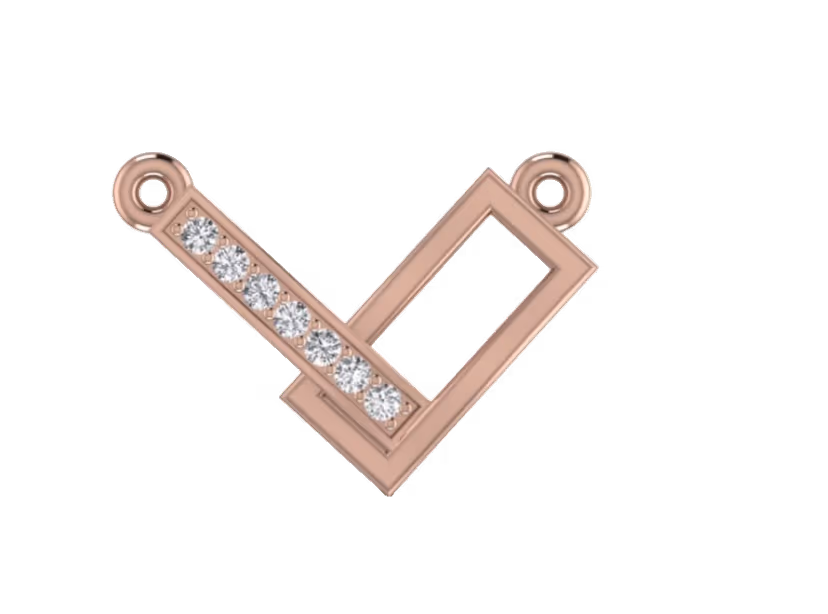 Rose-gold V checkmark pendant with pavé column on one side.
