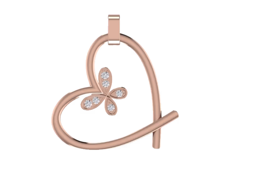 Rose-gold heart pendant with pavé butterfly accent inside an open frame.