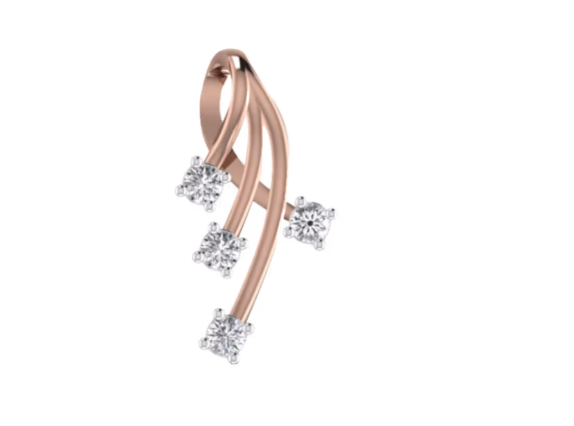 Rose-gold ribbon-stem pendant with three round prong-set diamonds at varying heights.