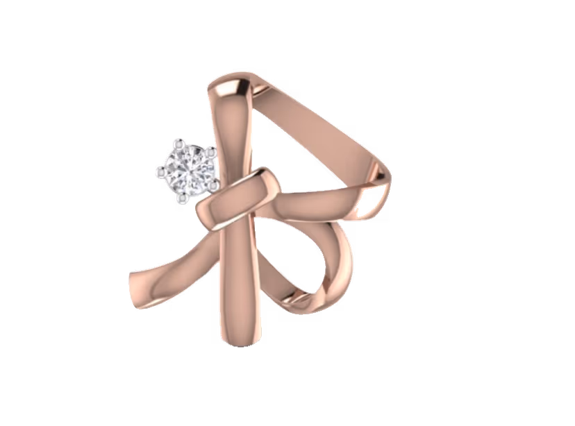 Rose-gold ribbon-knot pendant with offset round prong-set diamond.