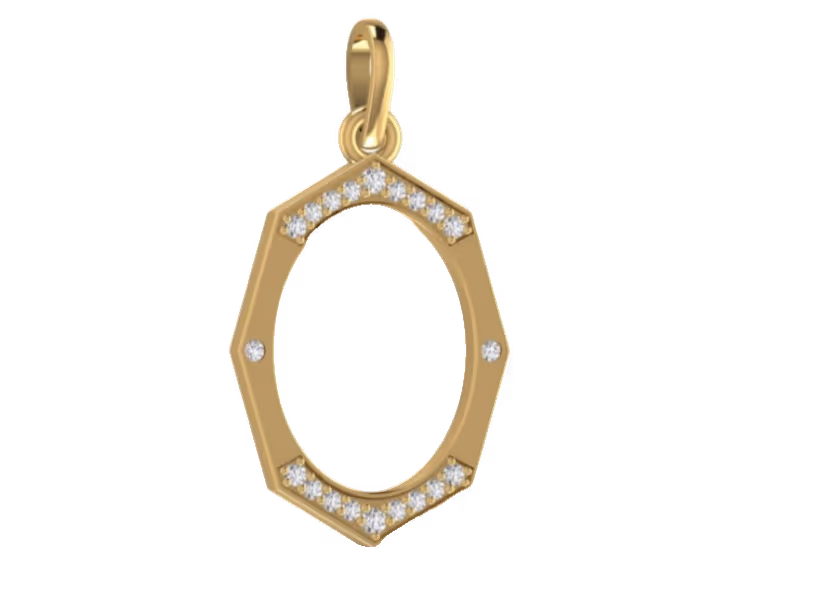 Octagonal photo-frame style pendant with pavé V tips and bezel side accents.