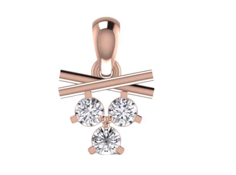 Rose-gold three-stone scattered cluster pendant with crossed gold bars.