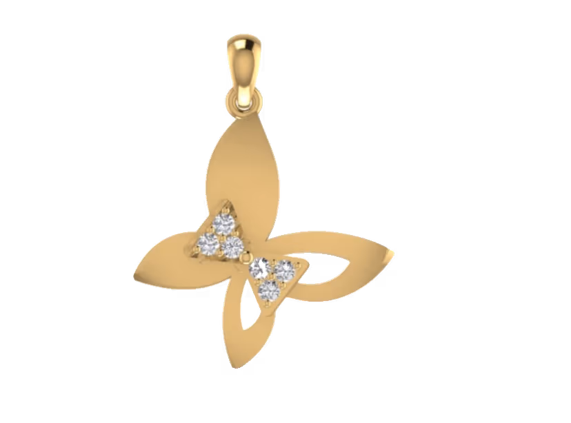 Pavé butterfly pendant with three-diamond accent body and gold wings.