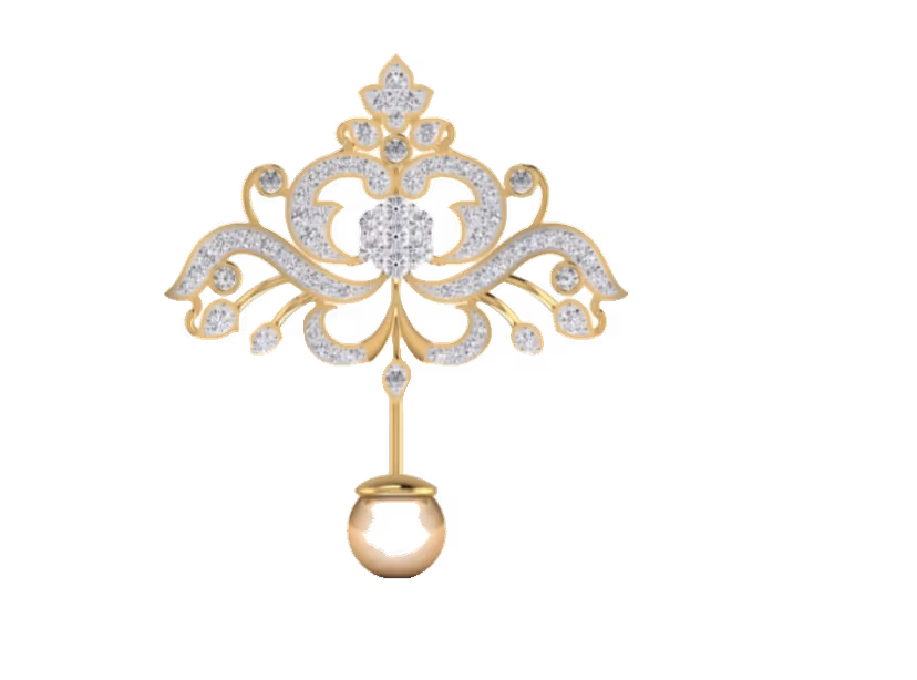 Crown-shape ornate scrollwork pendant with pearl drop and pavé filigree.