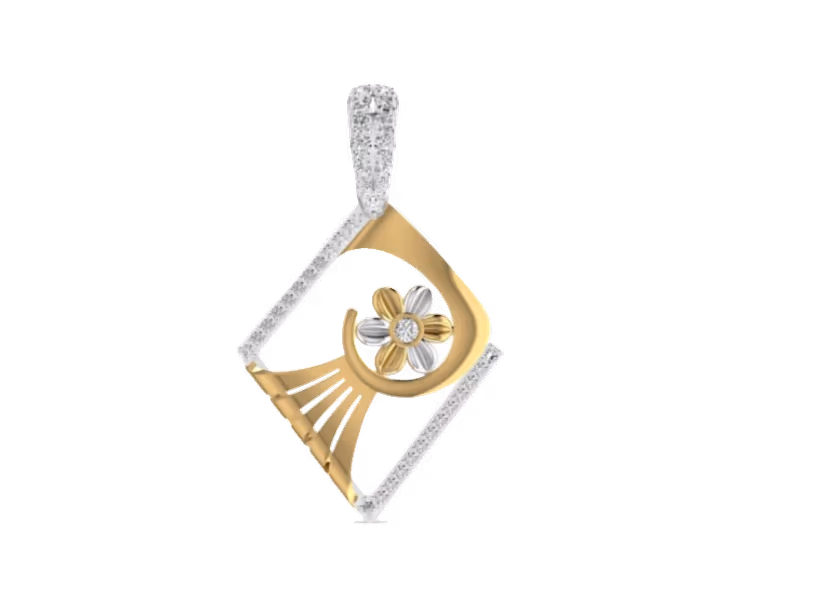 Diamond-shape kite pendant with two-tone flower at centre and pavé bail.