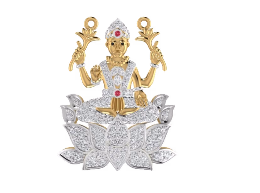 Lakshmi goddess seated on lotus, two-tone diamond pavé throne pendant.