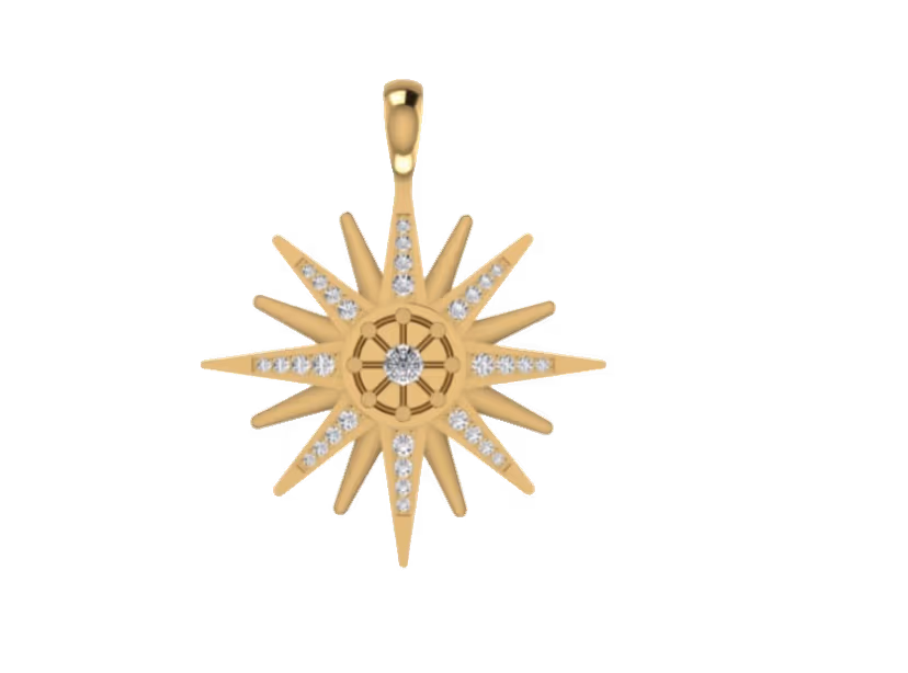 Twelve-point starburst pendant with central round and pavé rays.