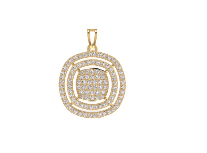 Concentric round dome pendant with central pavé disc and ring borders.