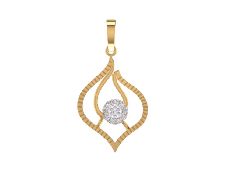 Lotus-flame pendant with central pavé cluster and ribbed gold edges.