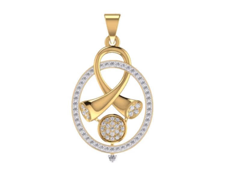 Oval pavé wreath pendant with central X-bow knot and small drop.