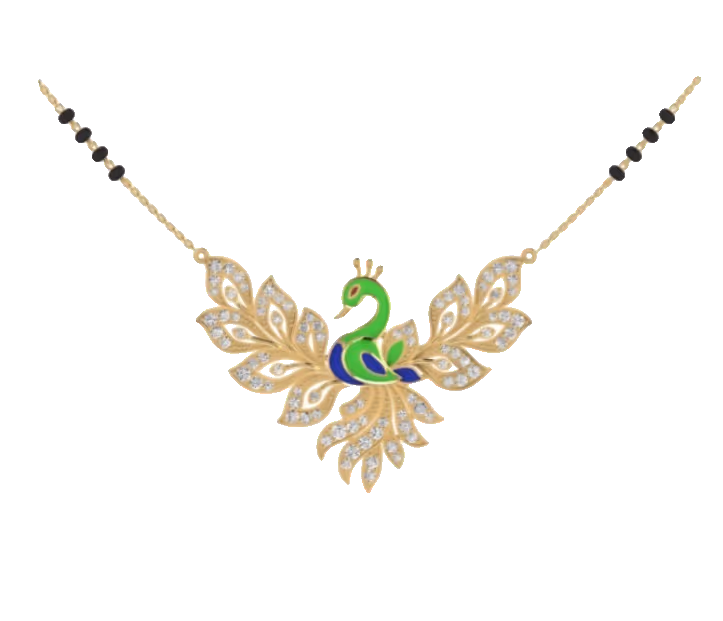Mangalsutra centerpiece with green enamel peacock spread-tail and black-bead chain.