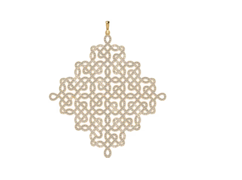 Diamond-shape Celtic-knot lattice pendant with fully pavé interlocking ribbon.