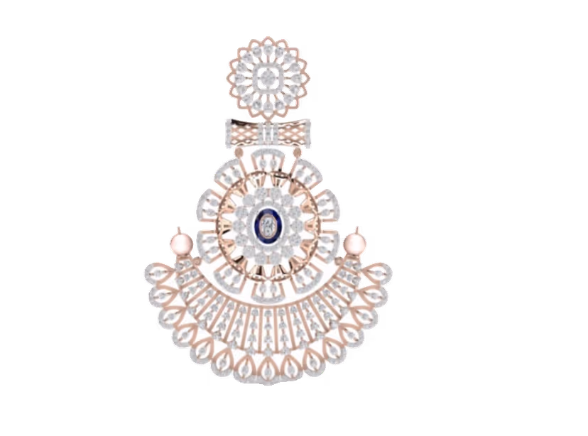Bridal chand-bali fan pendant with rose-gold scrollwork, blue stone and pearl drops.