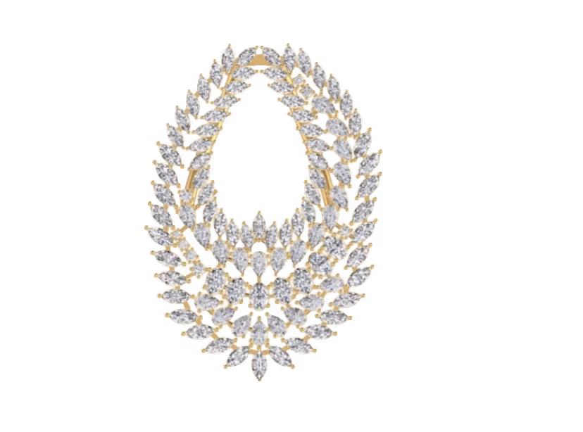 Egg-shape diamond wreath pendant with marquise-leaf wreath silhouette.