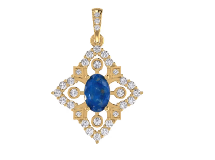 Square quatrefoil pendant with central oval blue sapphire and round corner accents.