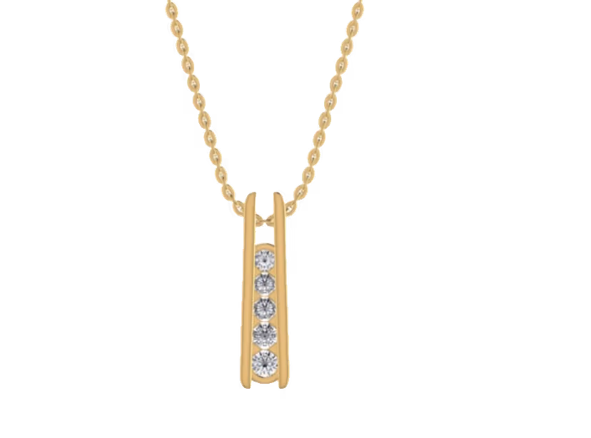 Five-stone vertical channel-set bar pendant on cable chain.