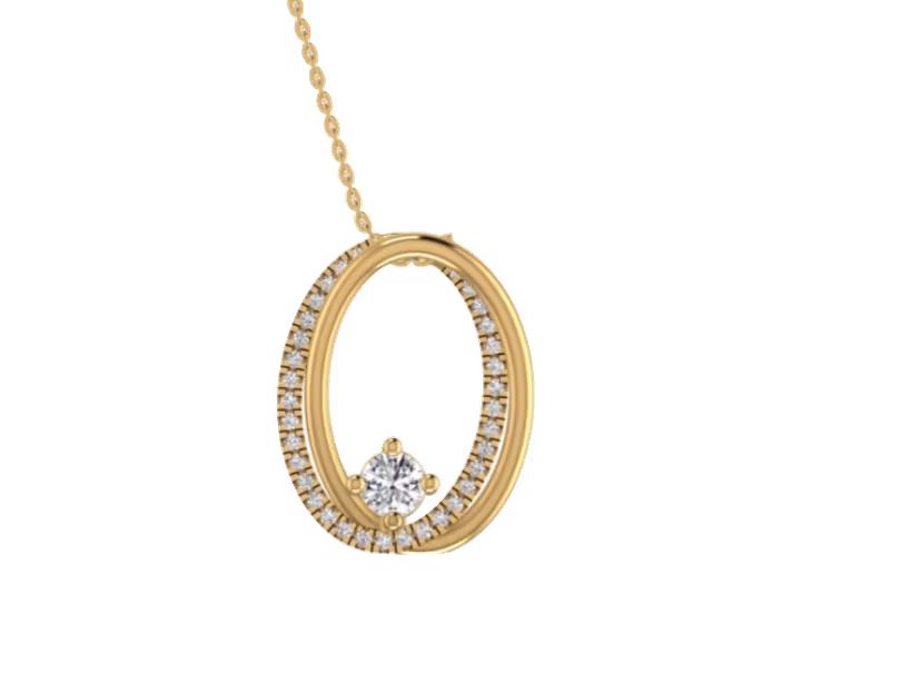 Open oval pavé frame with single dangling diamond inside the centre.