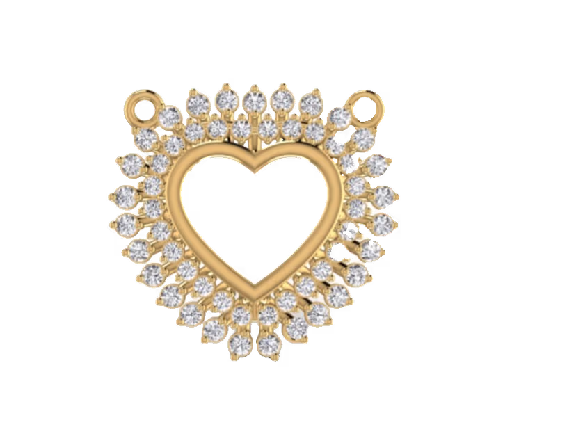 Heart silhouette pendant with sunburst pavé halo radiating outward.