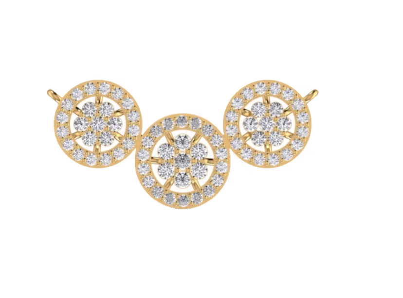 Three-medallion mangalsutra connector with pavé halos and floral cluster centres.