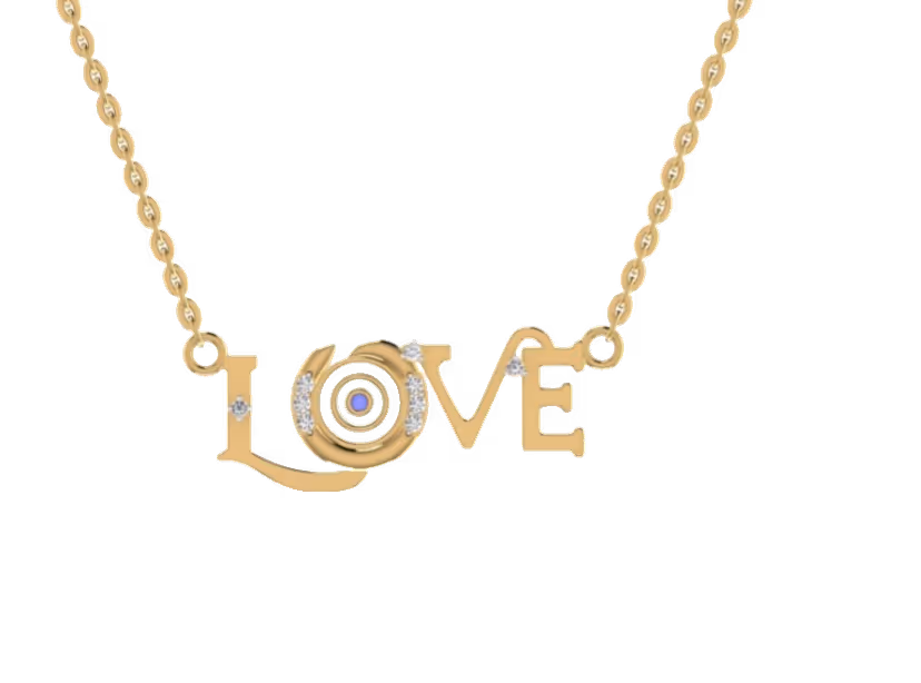 LOVE word pendant with evil-eye blue enamel O and diamond accents.