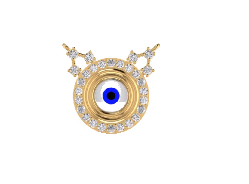 Round evil-eye pendant with pavé halo and constellation triangle accents on top.