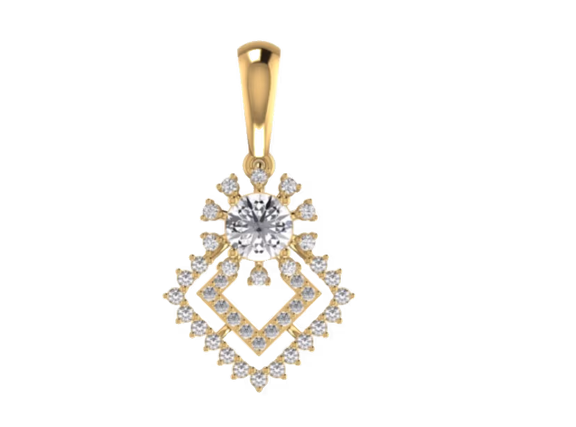 Round solitaire framed by a tilted square halo with starburst pavé radiating outward.