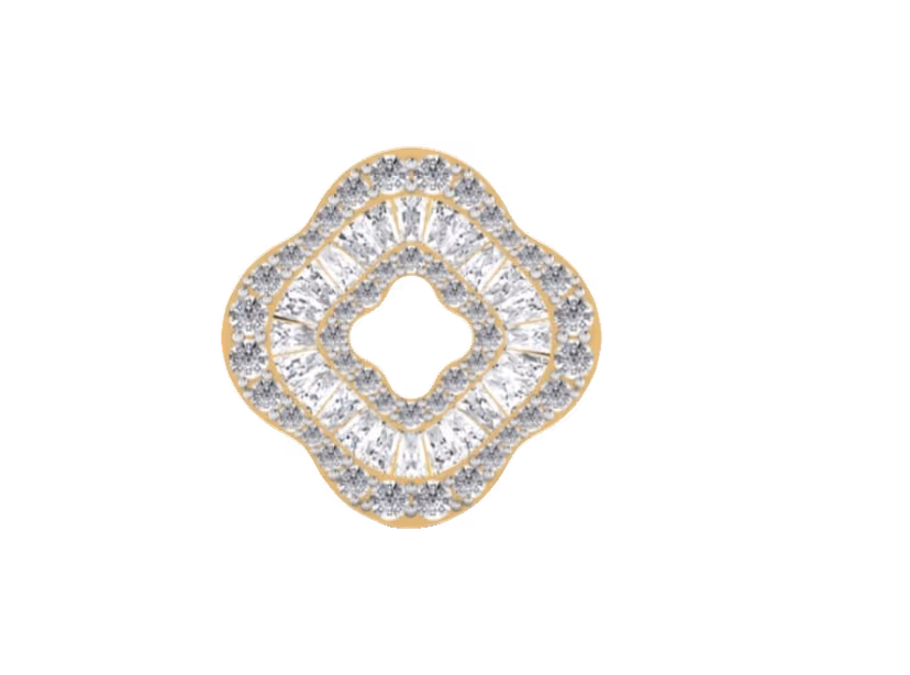 Quatrefoil clover pendant with tapered baguettes inside and pavé borders.