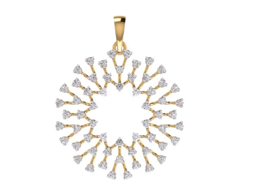 Snowflake sunburst pendant with prong-set rounds on radiating gold spokes.