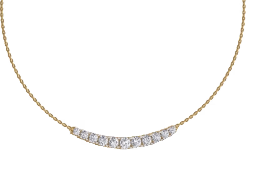 Curved nine-stone graduated tennis bar smile pendant.