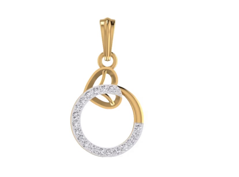 Open circle pendant with single leaf detail at top and half pavé border.