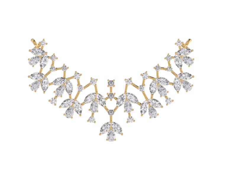 V-bib bridal cluster with marquise and pear leaves and central single round.