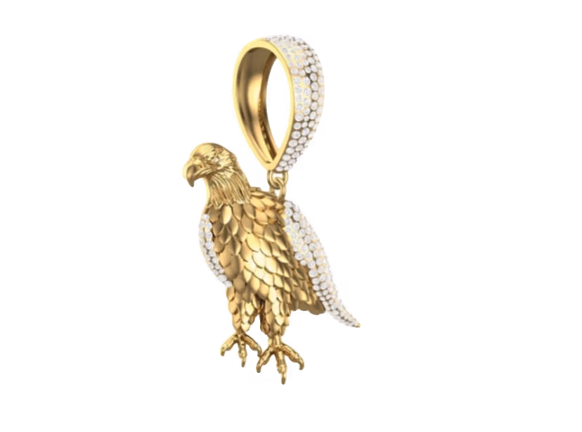 3D eagle pendant with pavé wing detail and sculpted gold body.