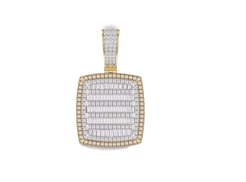 Cushion-shape baguette pavé pendant with bordered halo and pavé bail.
